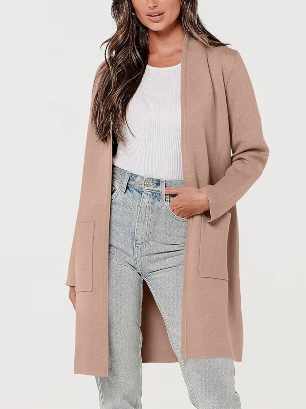 Camel Open-Front Long Pocket Cardigan